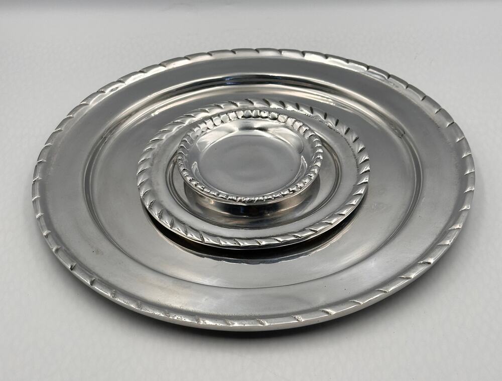 Vintage Mexican Heavy Aluminum Pewter Dinner Charger, Dessert, Coaster Plate 3pc